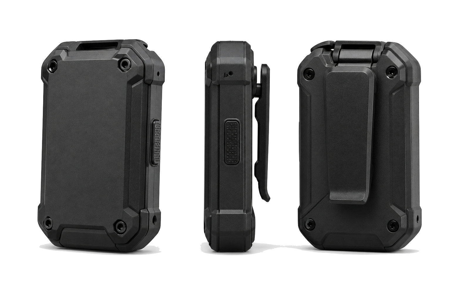 CHARM™ Beltpack front, side and clip views